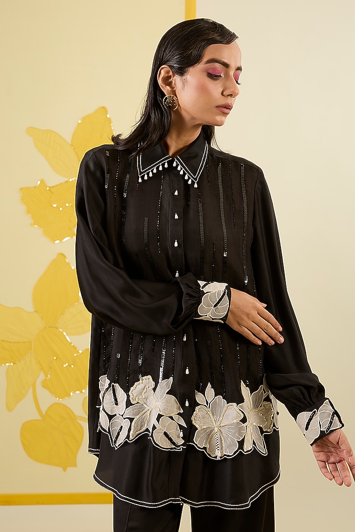 Black Linen Satin Applique & Sequin Work Co-Ord Set by I AM DESIGN at Pernia's Pop Up Shop