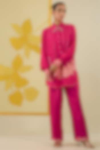 Hot Pink Linen Satin Applique & Sequin Work Co-Ord Set by I AM DESIGN at Pernia's Pop Up Shop