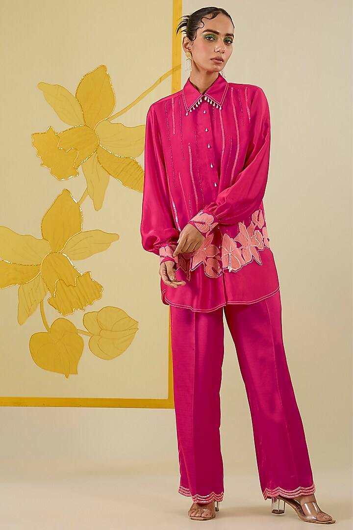Hot Pink Linen Satin Applique & Sequin Work Co-Ord Set by I AM DESIGN at Pernia's Pop Up Shop