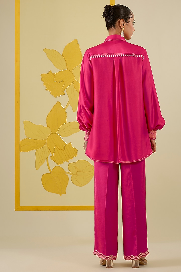 Hot Pink Linen Satin Applique & Sequin Work Co-Ord Set by I AM DESIGN at Pernia's Pop Up Shop