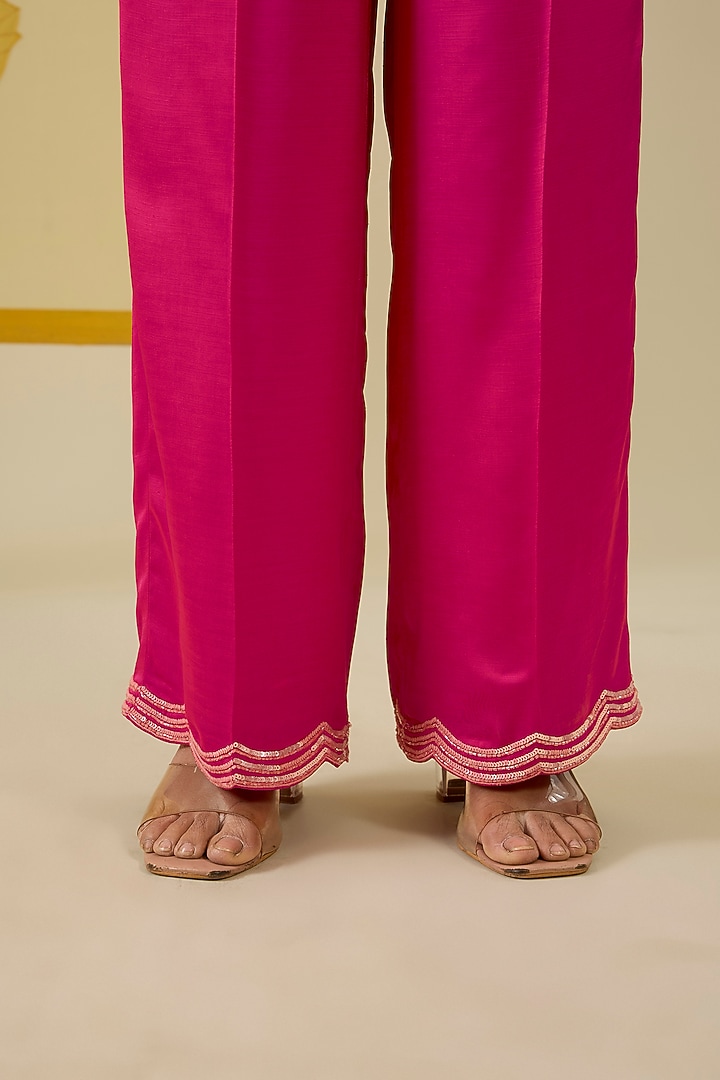 Hot Pink Linen Satin Applique & Sequin Work Co-Ord Set by I AM DESIGN at Pernia's Pop Up Shop