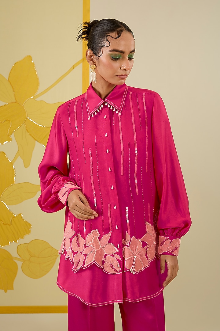 Hot Pink Linen Satin Applique & Sequin Work Co-Ord Set by I AM DESIGN at Pernia's Pop Up Shop