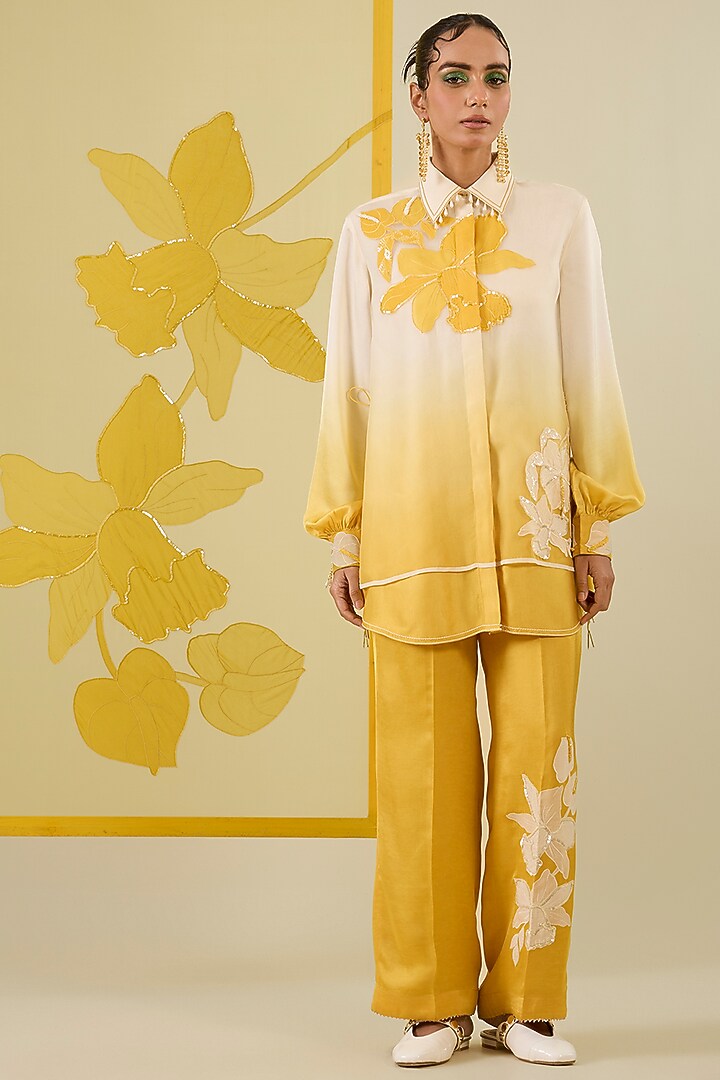 Mustard Ombre Linen Satin Applique & Sequin Work Co-Ord Set by I AM DESIGN at Pernia's Pop Up Shop