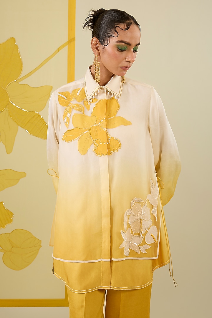 Mustard Ombre Linen Satin Applique & Sequin Work Co-Ord Set by I AM DESIGN at Pernia's Pop Up Shop