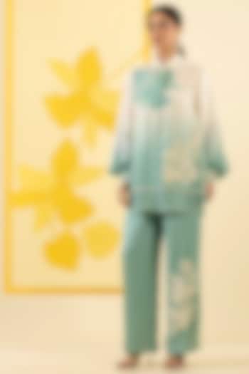 Mint Ombre Linen Satin Applique & Sequin Work Co-Ord Set by I AM DESIGN at Pernia's Pop Up Shop
