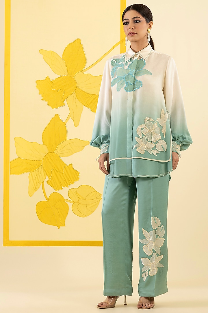 Mint Ombre Linen Satin Applique & Sequin Work Co-Ord Set by I AM DESIGN at Pernia's Pop Up Shop