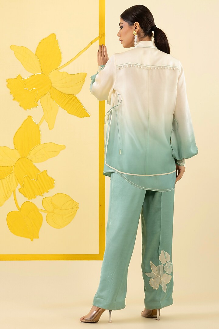 Mint Ombre Linen Satin Applique & Sequin Work Co-Ord Set by I AM DESIGN at Pernia's Pop Up Shop
