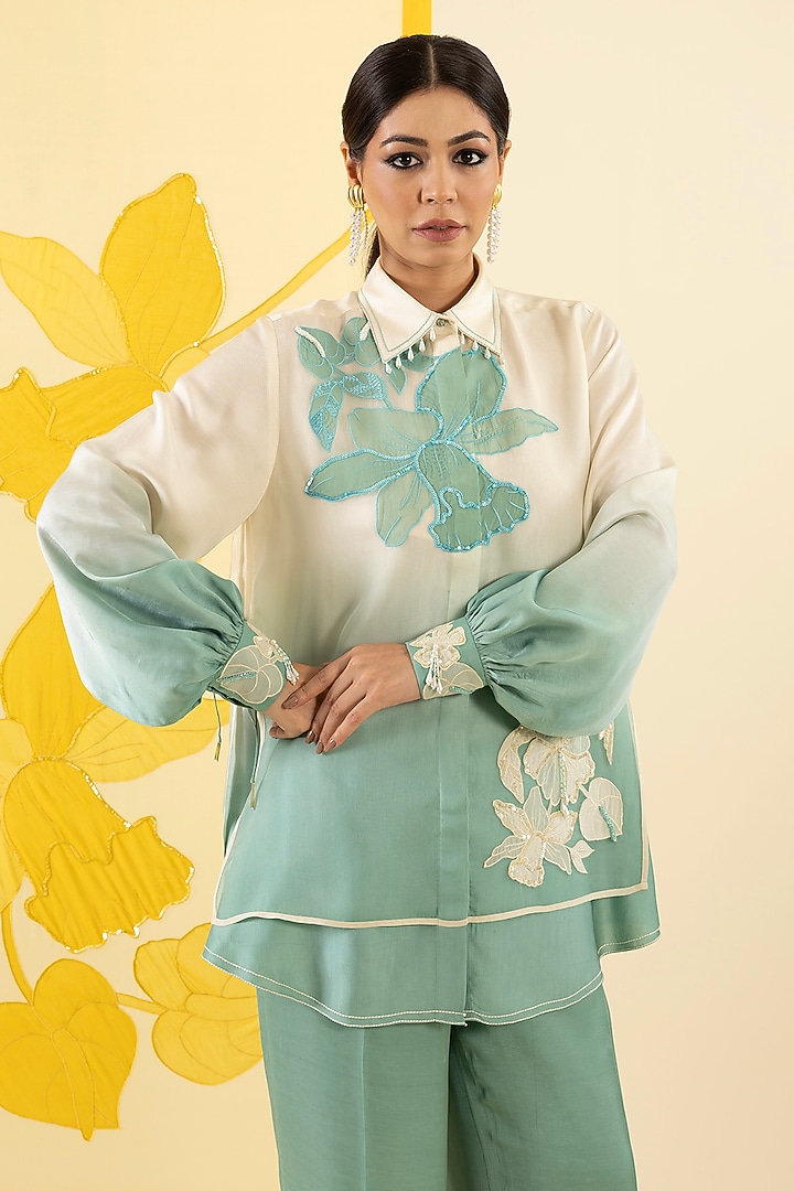 Mint Ombre Linen Satin Applique & Sequin Work Co-Ord Set by I AM DESIGN at Pernia's Pop Up Shop