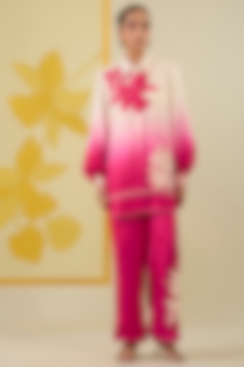 Hot Pink Ombre Linen Satin Applique & Sequin Work Co-Ord Set by I AM DESIGN at Pernia's Pop Up Shop