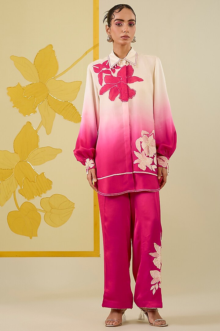 Hot Pink Ombre Linen Satin Applique & Sequin Work Co-Ord Set by I AM DESIGN at Pernia's Pop Up Shop