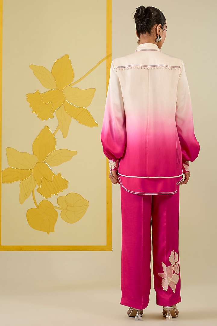 Hot Pink Ombre Linen Satin Applique & Sequin Work Co-Ord Set by I AM DESIGN at Pernia's Pop Up Shop