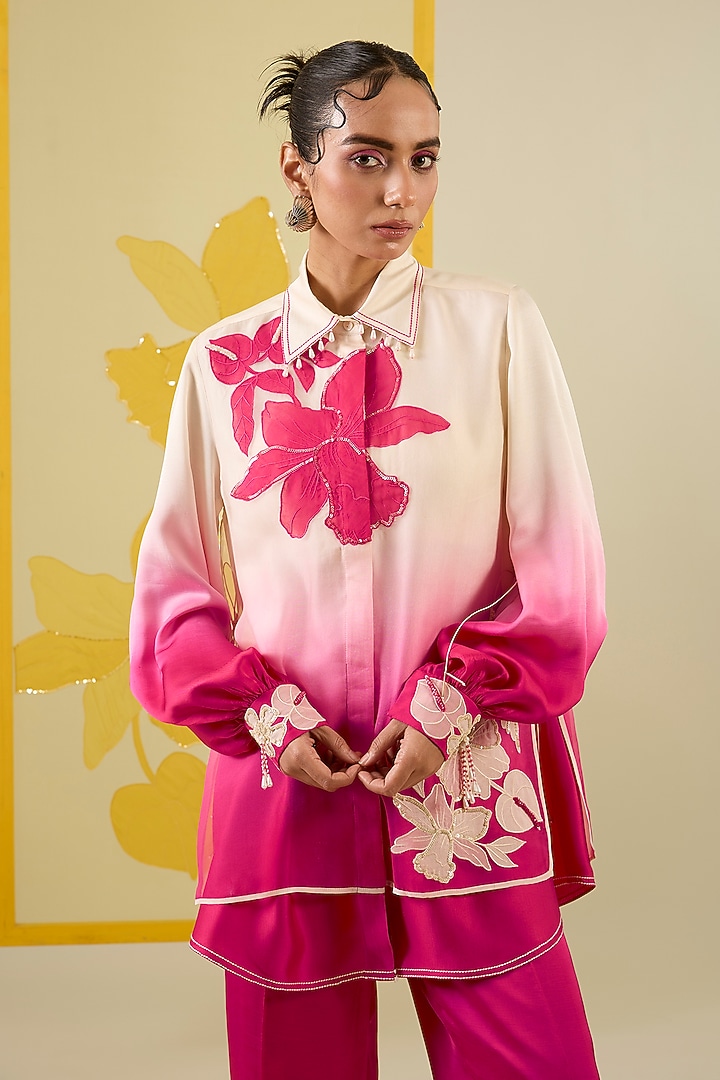 Hot Pink Ombre Linen Satin Applique & Sequin Work Co-Ord Set by I AM DESIGN at Pernia's Pop Up Shop