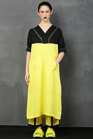 Yellow & Black Rayon Twill Tunic Set by I AM TROUBLE BY KC