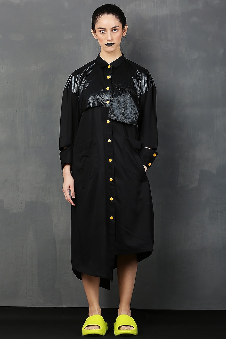 Black Rayon Twill Midi Shirt Dress by I AM TROUBLE BY KC