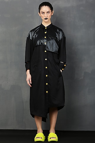 Black Rayon Twill Midi Shirt Dress by I AM TROUBLE BY KC