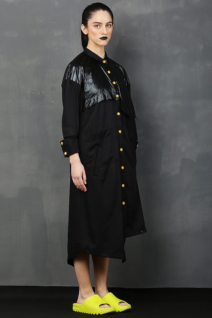 Black Rayon Twill Midi Summer Shirt Dress by I AM TROUBLE BY KC at Pernia's Pop Up Shop