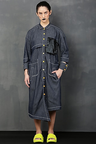 Dark Blue Denim Midi Shirt Dress by I AM TROUBLE BY KC