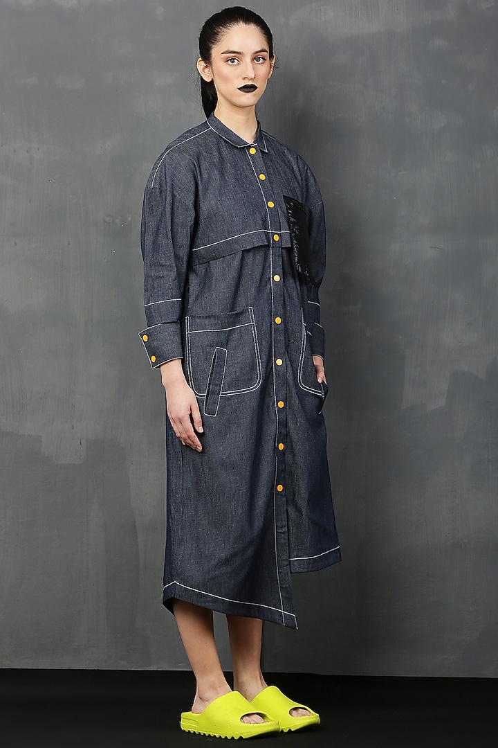 Dark Blue Denim Midi Summer Shirt Dress by I AM TROUBLE BY KC at Pernia's Pop Up Shop