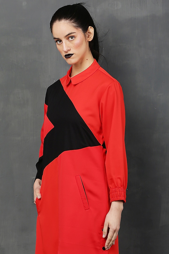 Red Orange & Black Moss Crepe Midi Vacation Dress by I AM TROUBLE BY KC at Pernia's Pop Up Shop