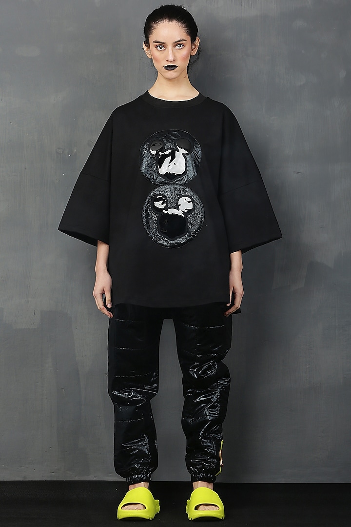 Black Cotton Spandex Mickey T-Shirt by I AM TROUBLE BY KC at Pernia's Pop Up Shop