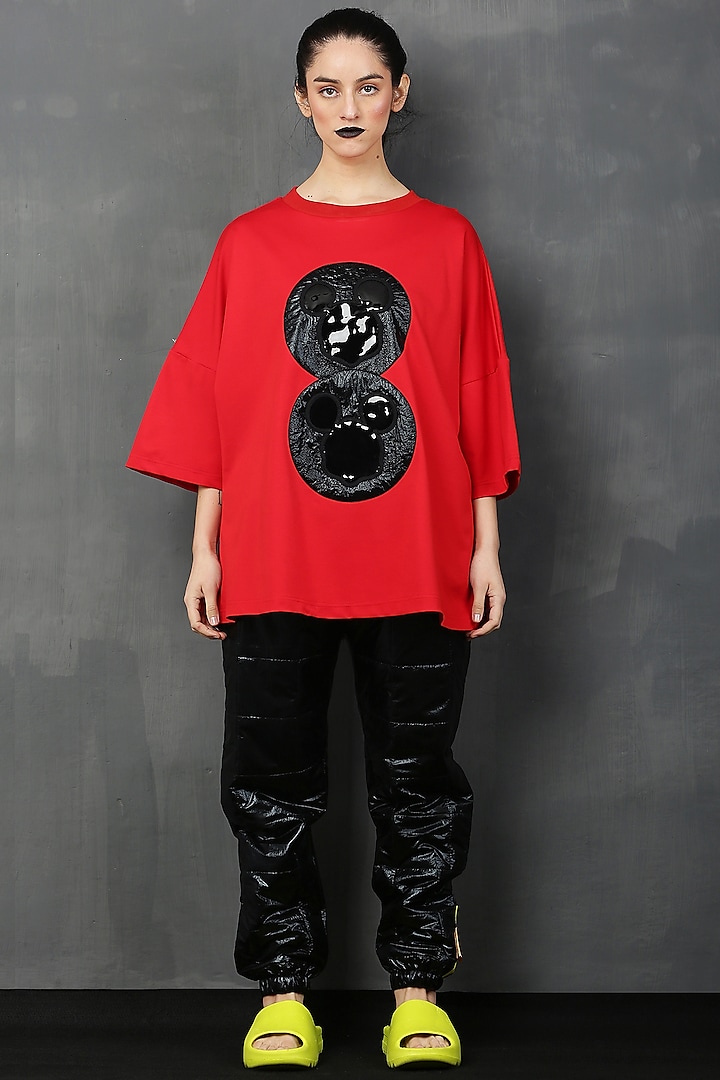 Red Cotton Spandex Mickey T-Shirt by I AM TROUBLE BY KC