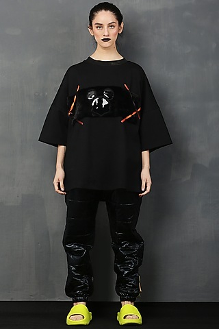 Black Cotton Spandex Fur Mickey T-Shirt by I AM TROUBLE BY KC