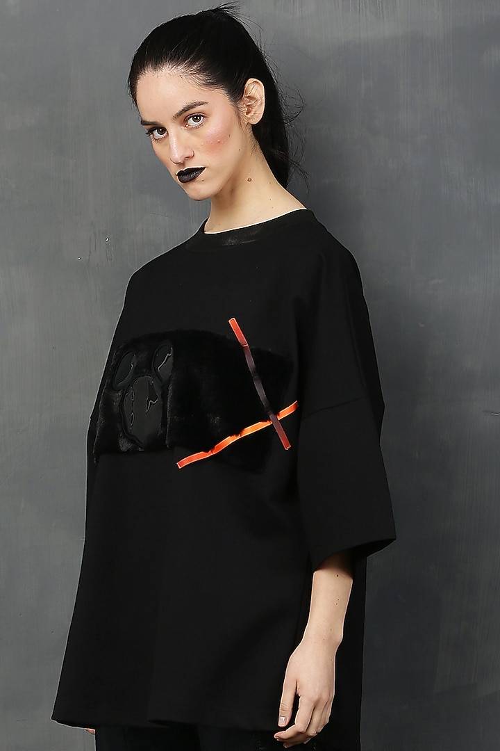 Black Cotton Spandex Fur Mickey T-Shirt by I AM TROUBLE BY KC at Pernia's Pop Up Shop