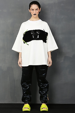 White Cotton Spandex Fur Mickey T-Shirt by I AM TROUBLE BY KC