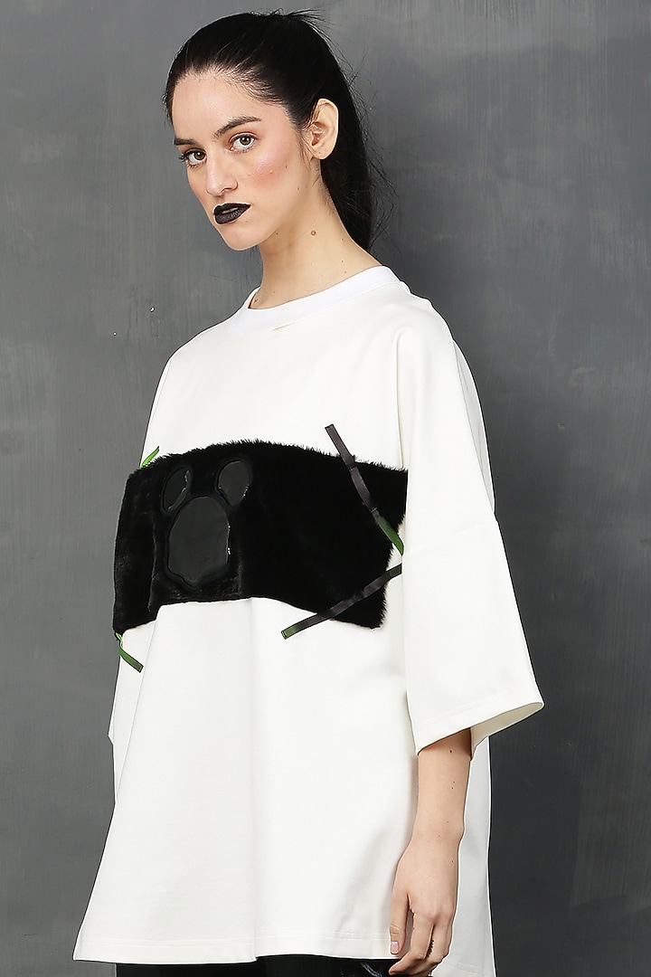White Cotton Spandex Fur Mickey T-Shirt by I AM TROUBLE BY KC at Pernia's Pop Up Shop
