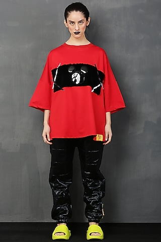 Red Cotton Spandex Fur Mickey T-Shirt by I AM TROUBLE BY KC