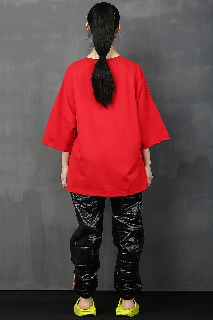 Red Cotton Spandex Fur Mickey T-Shirt by I AM TROUBLE BY KC at Pernia's Pop Up Shop
