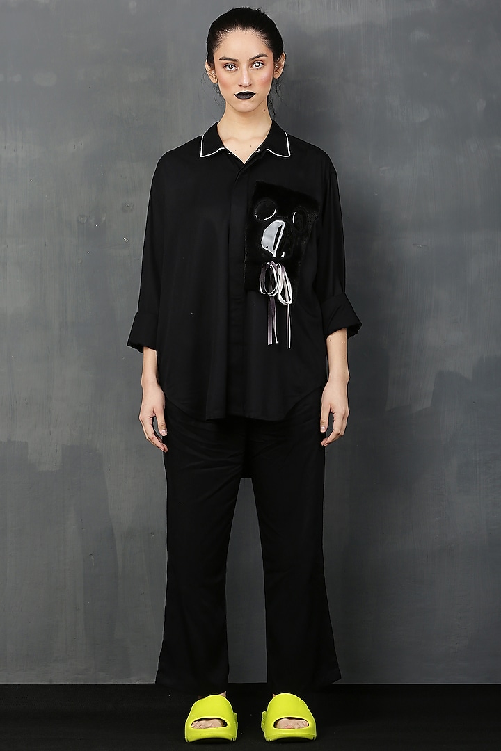 Black Rayon Twill Fur Mickey Shirt by I AM TROUBLE BY KC at Pernia's Pop Up Shop