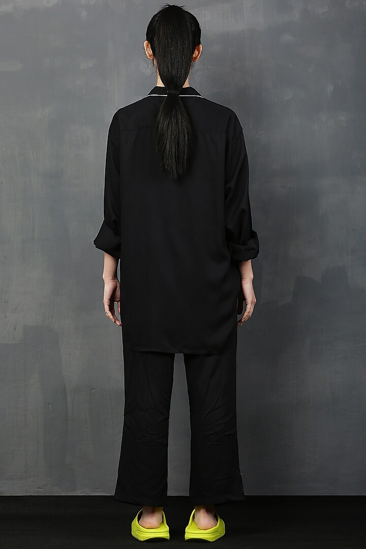 Black Rayon Twill Fur Mickey Shirt by I AM TROUBLE BY KC at Pernia's Pop Up Shop