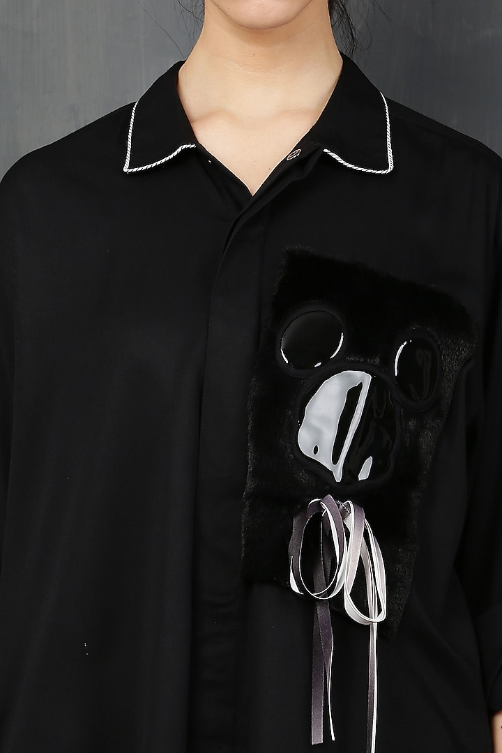 Black Rayon Twill Fur Mickey Shirt by I AM TROUBLE BY KC at Pernia's Pop Up Shop