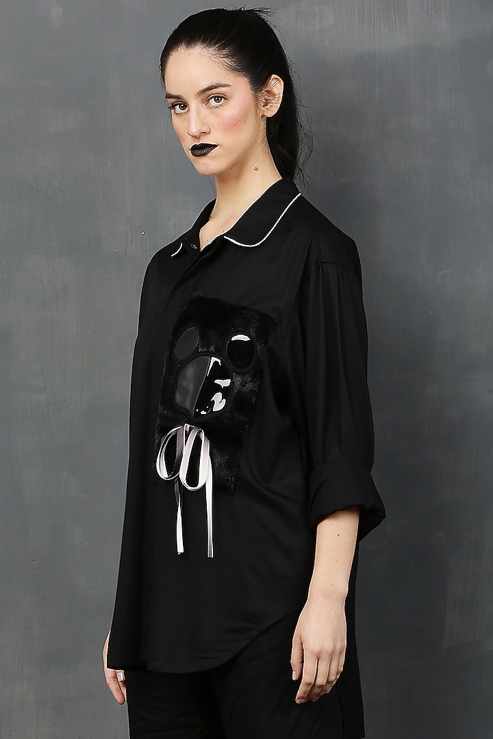 Black Rayon Twill Fur Mickey Shirt by I AM TROUBLE BY KC at Pernia's Pop Up Shop