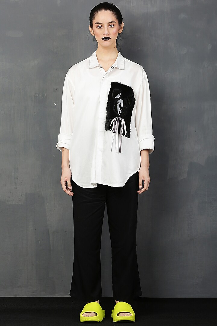 White Rayon Twill Fur Mickey Shirt by I AM TROUBLE BY KC