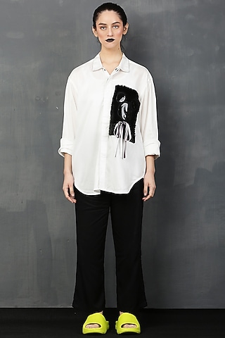 White Rayon Twill Fur Mickey Shirt by I AM TROUBLE BY KC