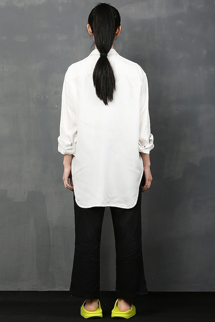 White Rayon Twill Fur Mickey Shirt by I AM TROUBLE BY KC at Pernia's Pop Up Shop