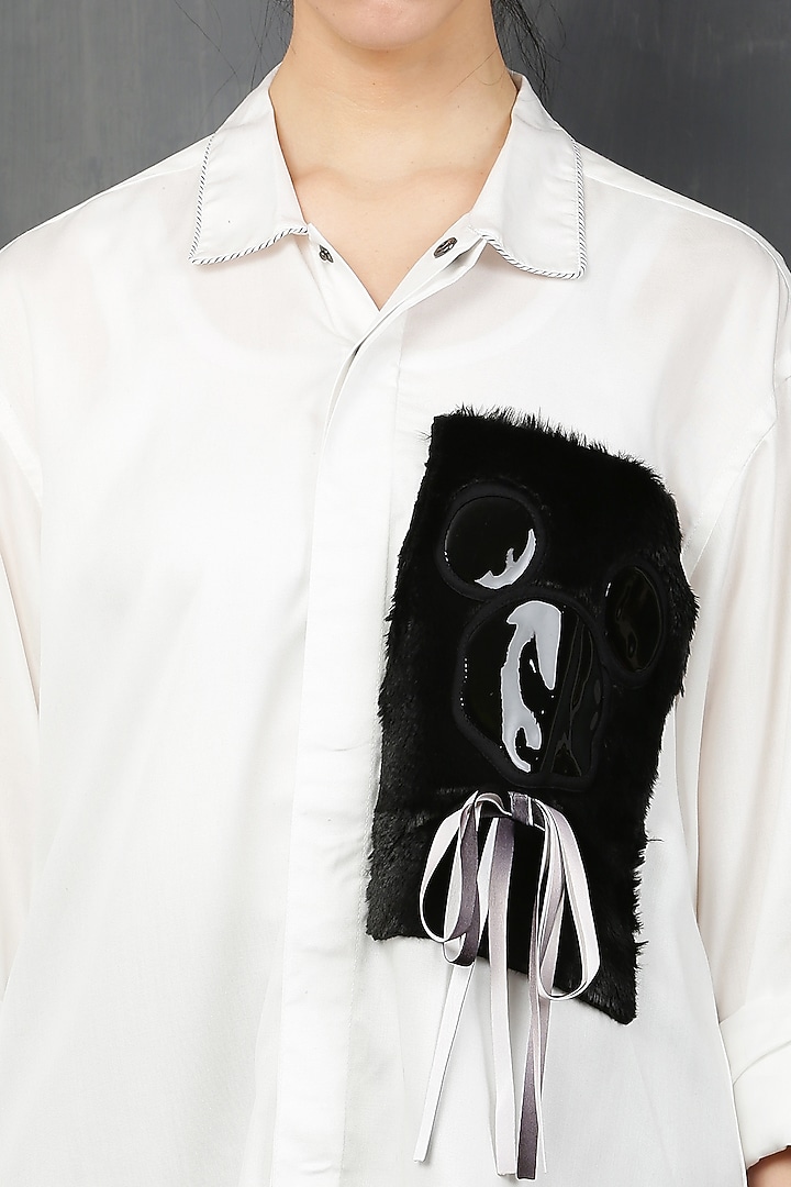 White Rayon Twill Fur Mickey Shirt by I AM TROUBLE BY KC at Pernia's Pop Up Shop
