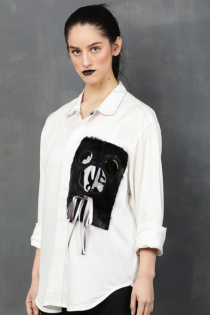 White Rayon Twill Fur Mickey Shirt by I AM TROUBLE BY KC at Pernia's Pop Up Shop