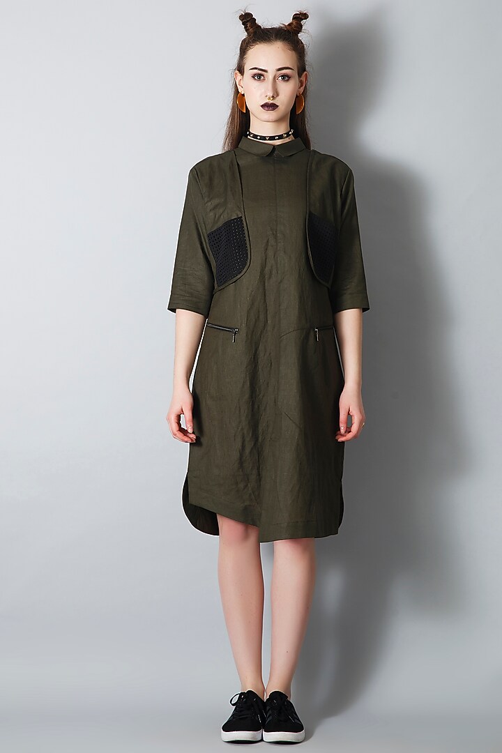 Military Green Knee Length Summer Dress with Trench Panel by I AM TROUBLE BY KC at Pernia's Pop Up Shop