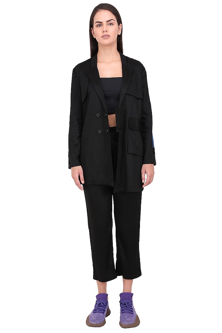 Black Cotton Twill Jacket Set by I AM TROUBLE BY KC