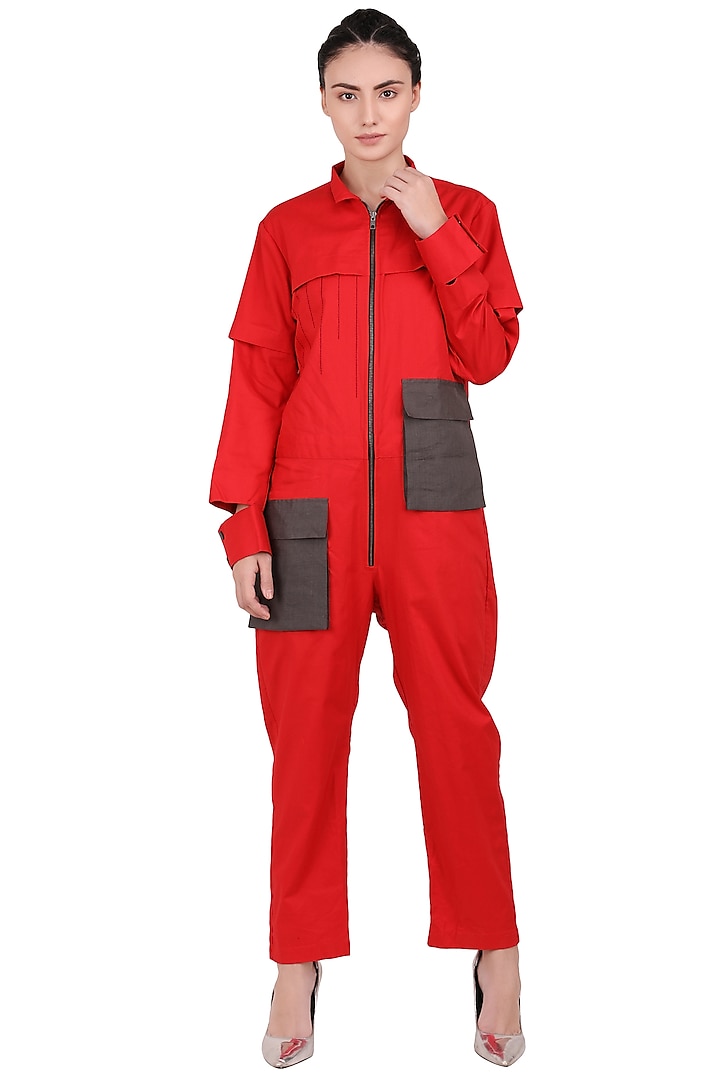 Scarlet Red Textured Cotton Jumpsuit by I Am Trouble By KC