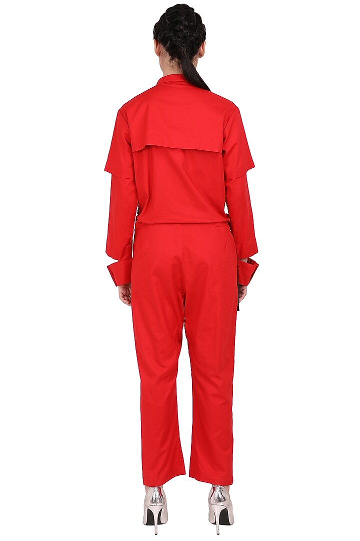Scarlet Red Textured Cotton Jumpsuit by I Am Trouble By KC at Pernia's Pop Up Shop