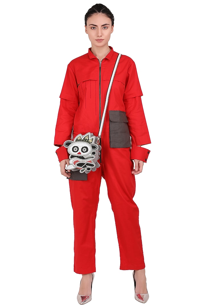 Scarlet Red Textured Cotton Jumpsuit by I Am Trouble By KC at Pernia's Pop Up Shop