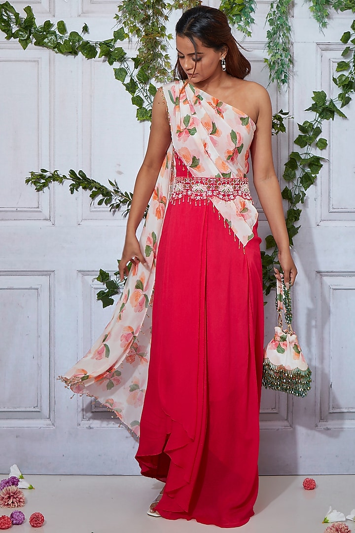 Pink Georgette Printed & Embroidered Draped Dress by I am on vacation