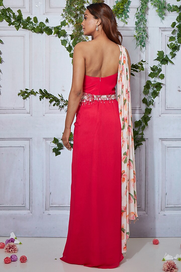 Pink Georgette Printed & Embroidered Draped Vacation Dress by I am on vacation at Pernia's Pop Up Shop
