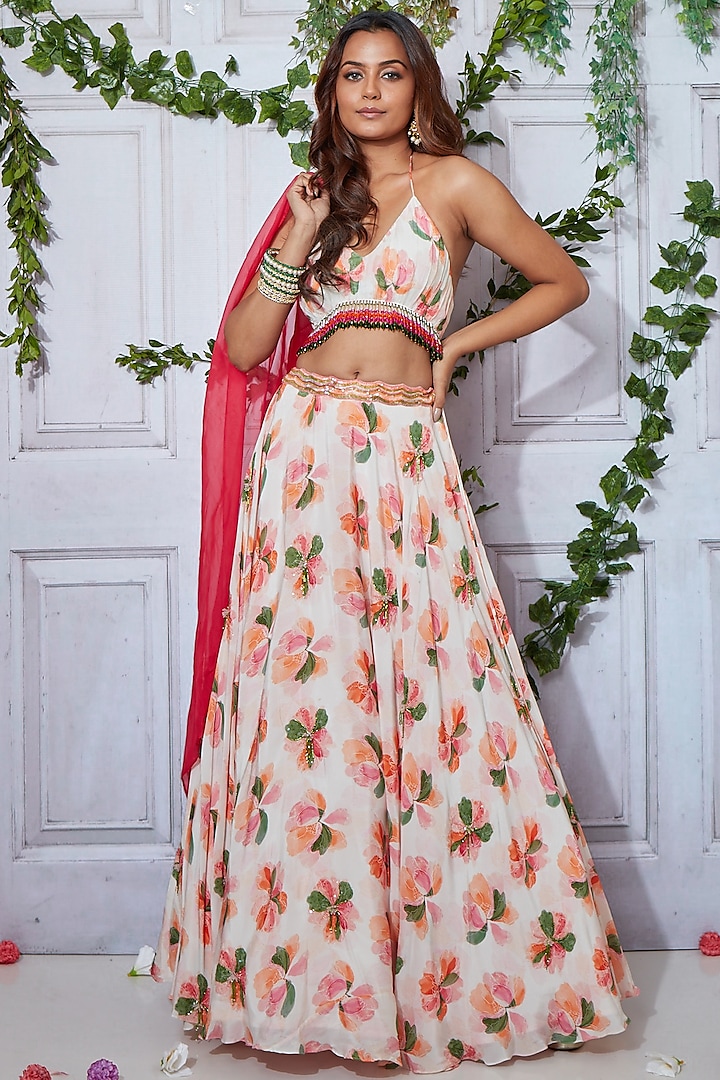 White Crepe Floral Printed Lehenga Set by I am on vacation
