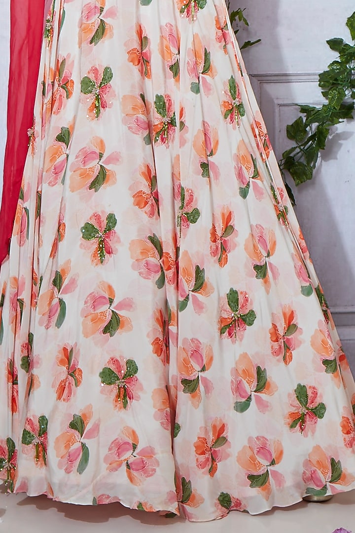 White Crepe Floral Printed Wedding Lehenga Set by I am on vacation at Pernia's Pop Up Shop