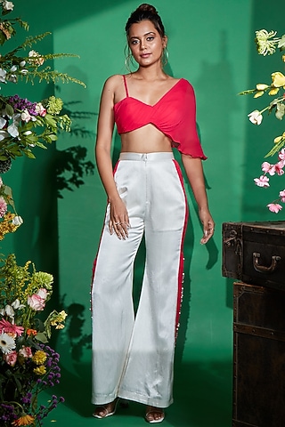 White Satin Embellished Pant Set by I am on vacation